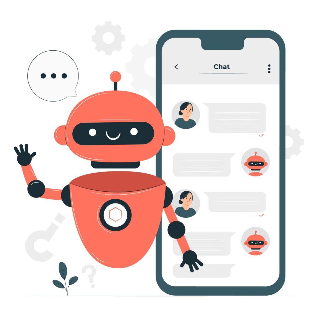 Ilustração de um chatbot em um celular, enquanto o robô está acenando.