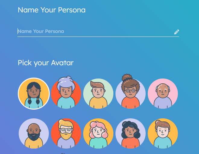 Print do primeiro passo na ferramenta Make My Persona, com campo para nome e opções de avatares.