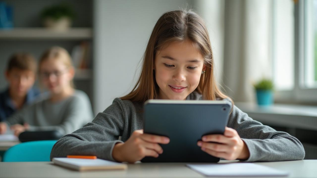 Estudante lendo um ebook criado para o segmento de educação