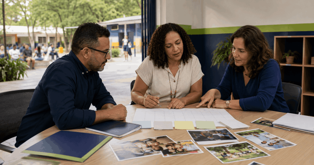 Gestores planejam as ações de marketing para as matrículas 2027 em uma escola brasileira.