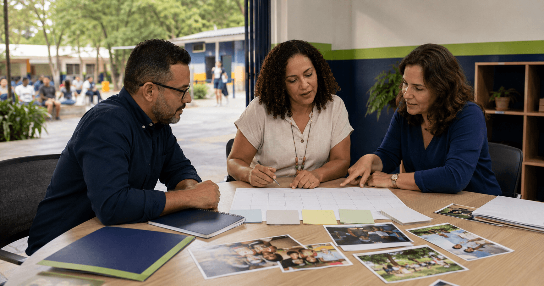 Gestores planejam as ações de marketing para as matrículas 2027 em uma escola brasileira.