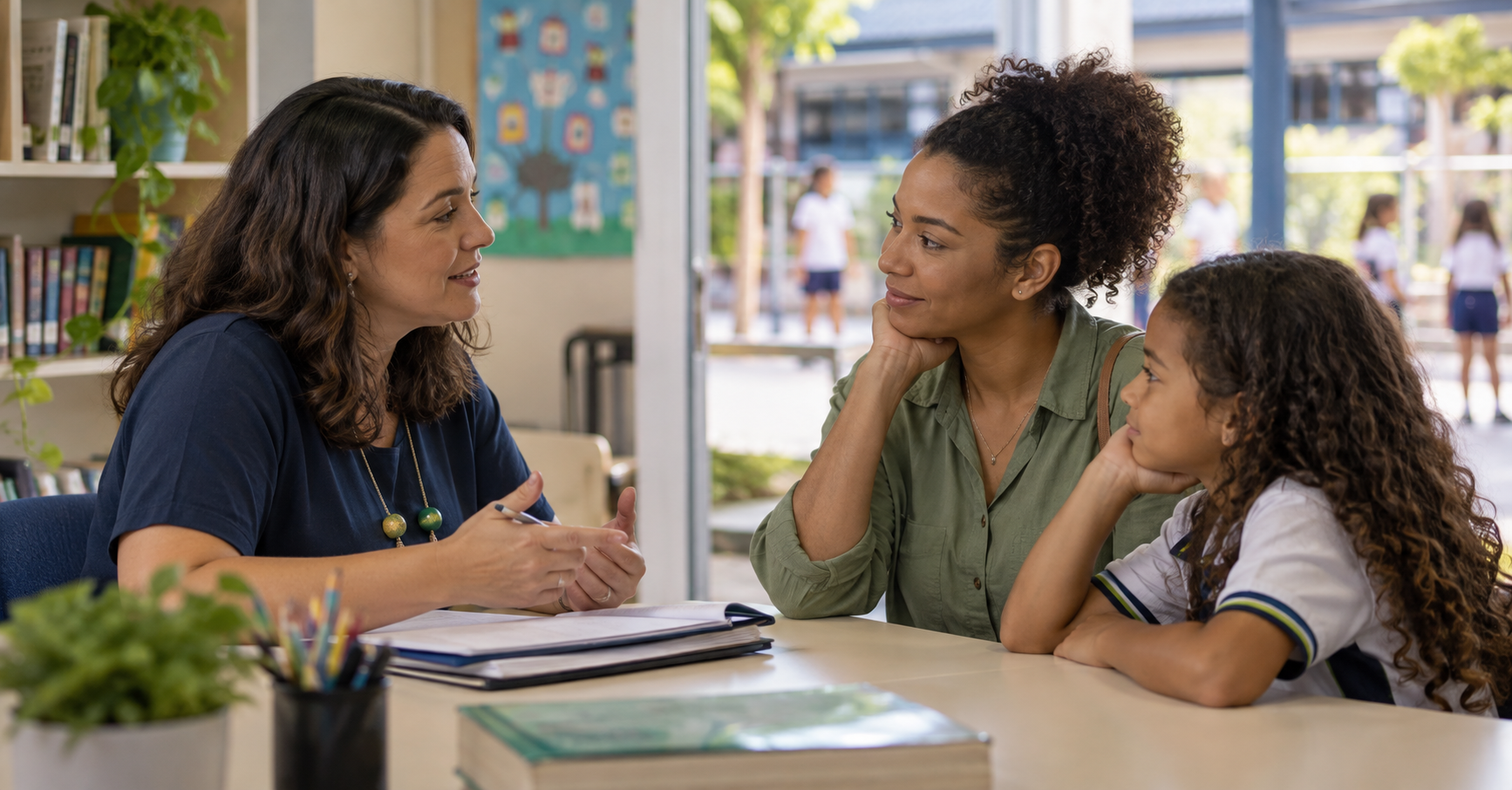 Coordenadora escolar conversa com mãe e aluna em ambiente de escola.