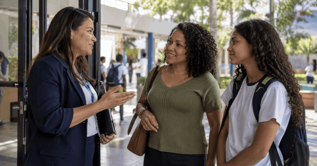 Gestora escolar recebe mãe e estudante na entrada de uma instituição de ensino.