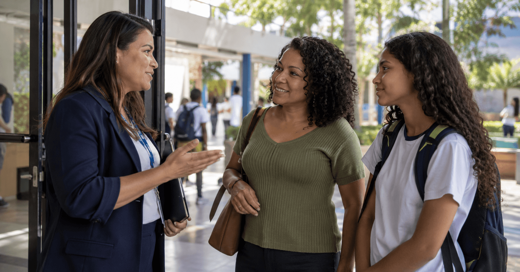Gestora escolar recebe mãe e estudante na entrada de uma instituição de ensino.