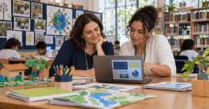 Diretora e coordenadora pedagógica organizam informações do site escolar em ambiente com projetos de alunos.