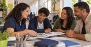 Coordenadora escolar conversa com estudante e responsáveis sobre a continuidade do próximo ano letivo.