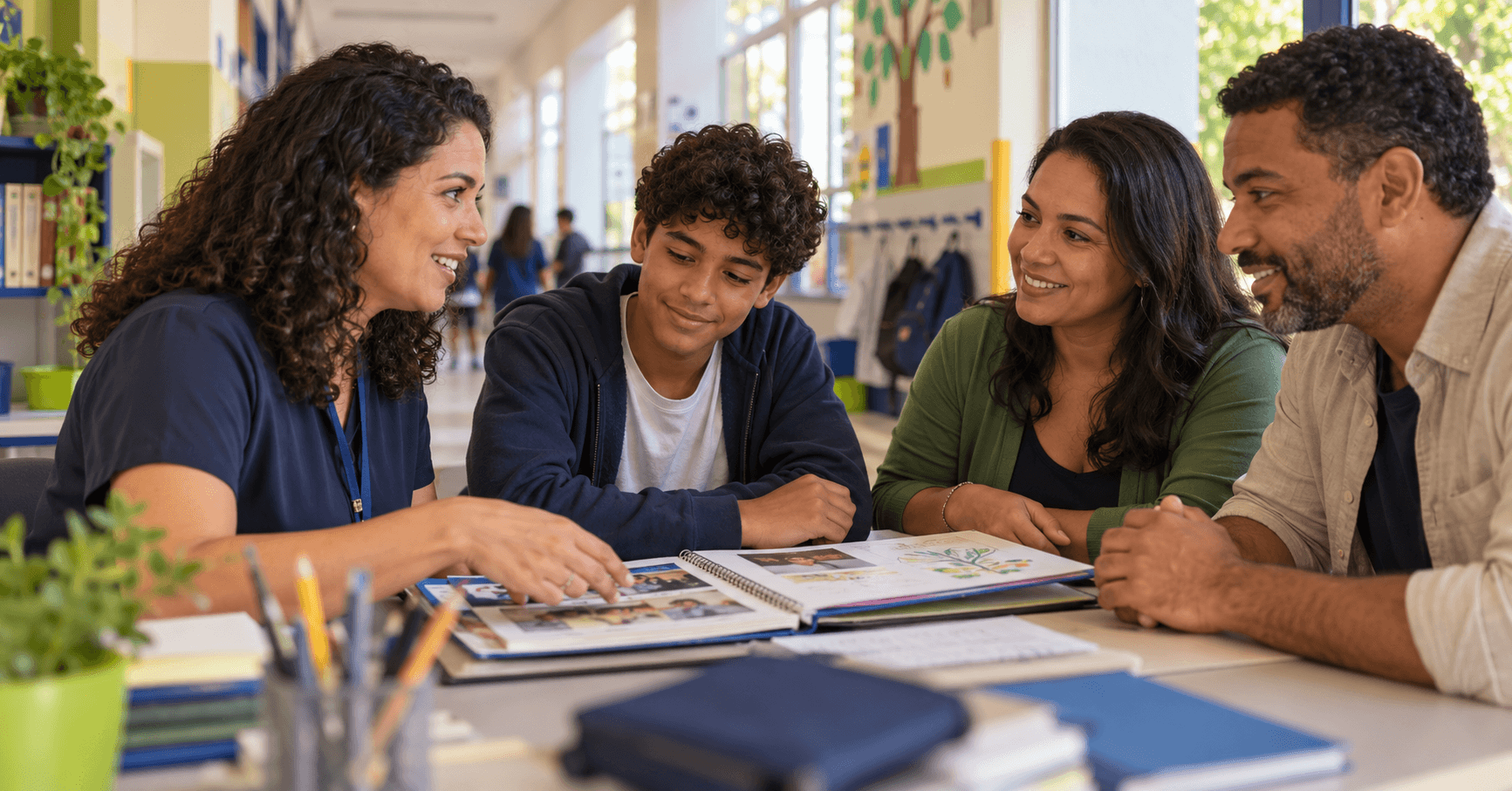 Coordenadora escolar conversa com estudante e responsáveis sobre a continuidade do próximo ano letivo.